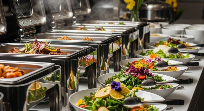 Elegant buffet line features stainless steel chafing dishes filled with hot gourmet dishes alongside colorful fresh salads and garnishes, dining, table, setting