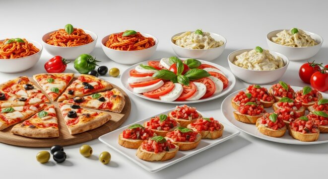 A lavish buffet display featuring various pasta dishes, thin crust pizza slices, fresh tomato mozzarella salad, bruschetta and green olives, restaurant, vegetable, feast
