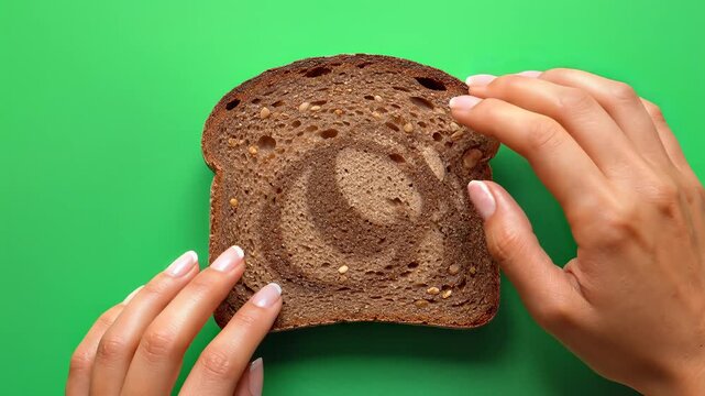 Woman hands touching marble rye bread slice on green screen background top view