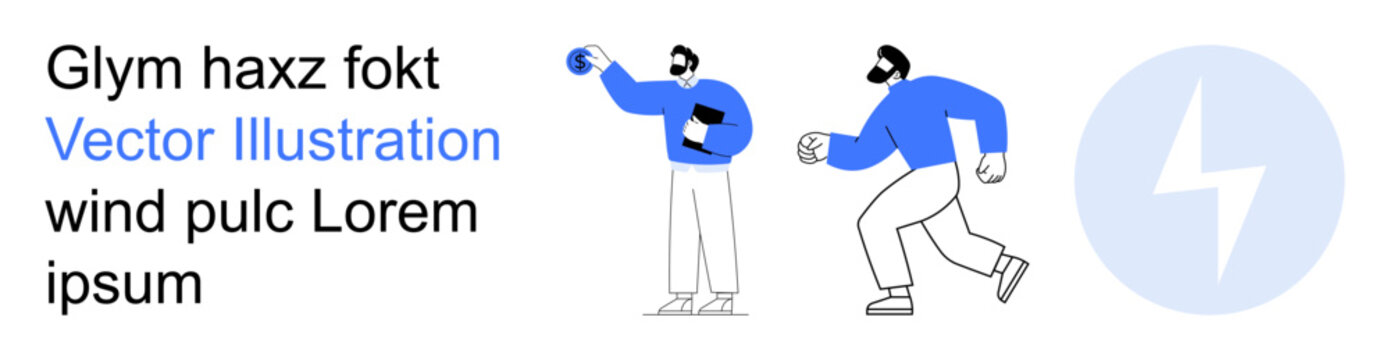 Teamwork, active lifestyle, energy, collaboration, motivation, abstract design. Two characters in motion with energy concept showcased by lightning symbol. Teamwork and active lifestyle