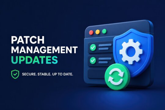 Patch management updates with security shield and refresh icon for software maintenance
