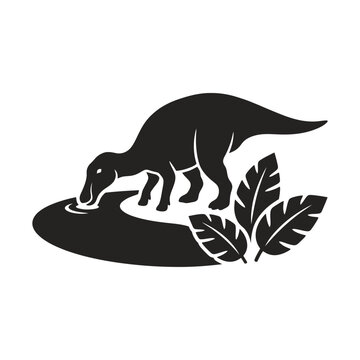 Sauropod dinosaur drinking beside tropical pond leaves