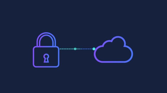 Animated motion graphics showing a security shield icon connecting to a data server via pulsing dots. Concept of database protection, server security, and secure network hosting on dark blue.
