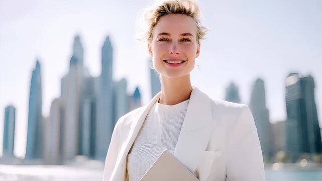 Female diversity. Human rights, equal opportunity concept. A portrait of a woman standing outdoors against a city skyline. She wears a white blazer and a white top, holding a folder in her left hand.