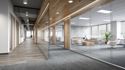 Obraz premium Modern Office Corridor with Glass Walls and Natural Light Flooding into a Collaborative Workspace