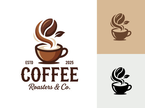 A modern coffee logo featuring a steaming cup with coffee beans and a leaf, perfect for a roastery or coffee shop brand emphasizing quality and freshness.