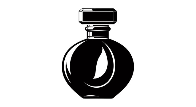 Elegant black circular perfume bottle with sleek cap and minimalist design.