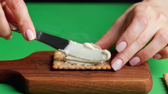 Woman spreading creamy cheese on a crispy cracker with a metal knife