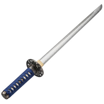 Traditional Japanese Katana Sword with Blue Handle Isolated on White Background.