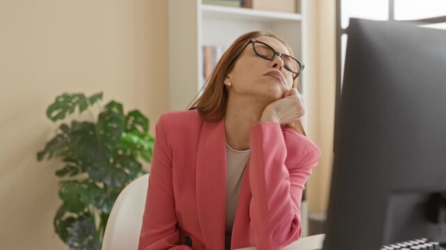 Woman rests chin on hand at desk by computer monitor in an office wearing pink blazer with glasses and plant nearby; fatigue.
