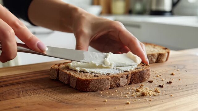 Woman spreading soft cream cheese on a slice of dark rye bread with a knife on a wooden cutting board in a kitchen.