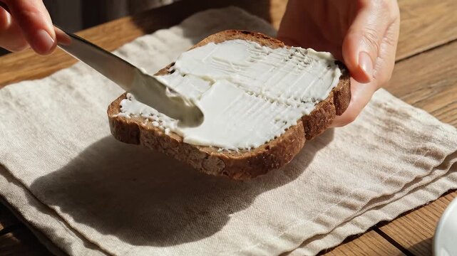 Woman's hands spread creamy butter on whole grain bread for a healthy breakfast