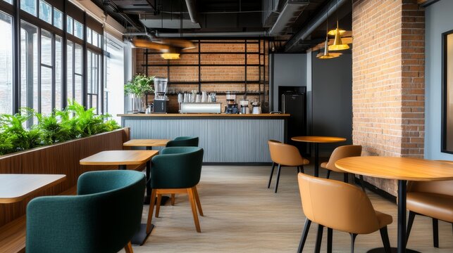 Industrial-chic cafe interior wide view with exposed brick, vibrant window plants, sleek coffee bar and varied cozy seating, blending modern design with a warm, urban vibe. Cafe, Urban