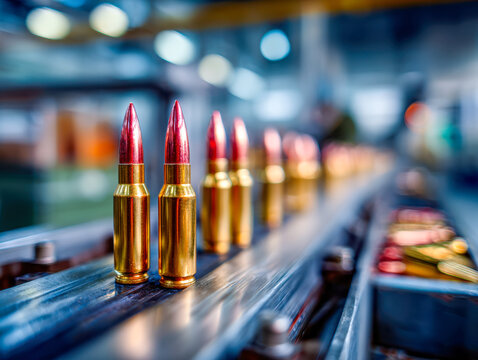 Industrial production line of metallic cartridges with copper-colored tips arranged in a factory setting with a vibrant bokeh background and sharp focus on the front