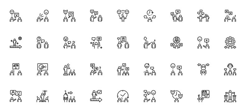 Toxic behavior icon set. Minimal line vector pack. Symbols for fake, liar, gossip, narcissism, abuse, blame, manipulation, selfish, bully, jealousy, cheat, neglect, fear and more.
