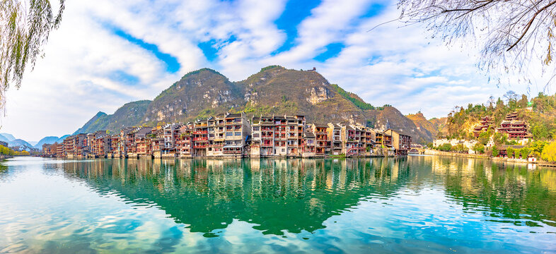 Panoramic Winter Sunset Scenery of Zhenyuan Ancient Town in Qiandongnan, Guizhou, China
