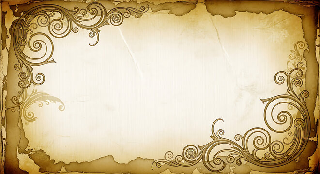 Vintage aged paper background with ornate swirl floral corner decorations background parchment stationery invitation document decorative artistic
