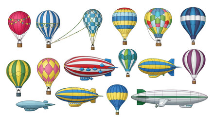 Vintage hot air balloons, colorful zeppelins, blimps, airships, 20 vector illustrations © Alien