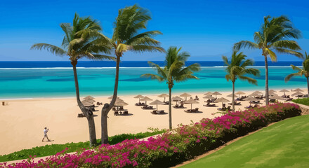 Obraz premium Tropical beach, palm trees, pink flowers, turquoise ocean, sunny resort landscape