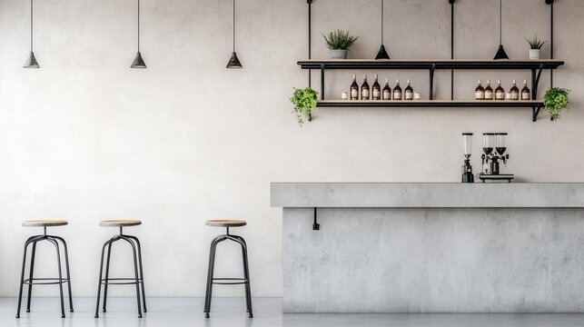 Modern Industrial Bar Concrete counter, 3 stools, shelves with bottles and plants. Minimalist design, ambient lighting, empty cafe scene., Cafe, Interior Design