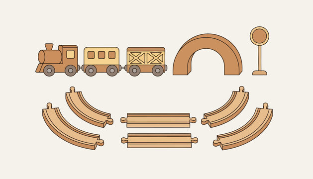 Wooden train track set, toy train, railroad, brown, vector icons