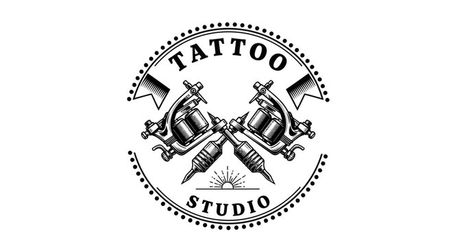 Tattoo studio logo, tattoo equipment, tattoo design, black and white vector