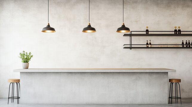 Modern Industrial Bar Interior Concrete counter with wooden top, three pendant lights, wall shelves with bottles, glasses and two stools. Minimalist design concept. Cafe, Design