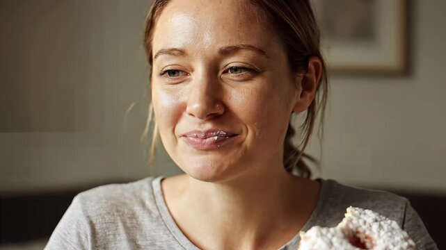 Young woman enjoys eating a delicious powdered donut with sugar on lips