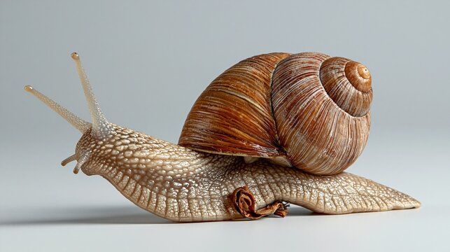 Detailed Close-Up of a Garden Snail with Spiral Shell Moving on a Clean Grey Background