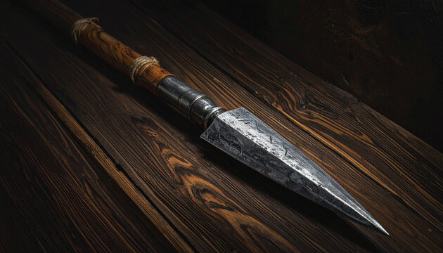 Ancient spear on wooden surface