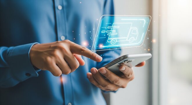 Man using smartphone for logistics tracking, digital delivery service concept