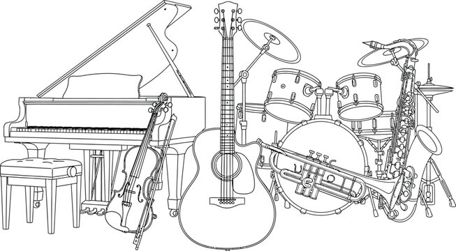 Various musical instruments including piano, guitar, drums, and saxophone in a vector illustration