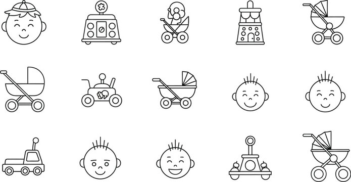 Cute baby icons and strollers in simple line art style for design