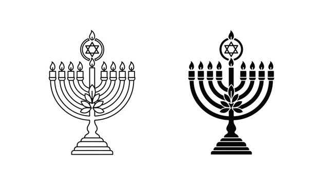 Traditional menorah candelabra with Star of David symbol in clean outline and solid black graphic style for Jewish holiday and cultural designs