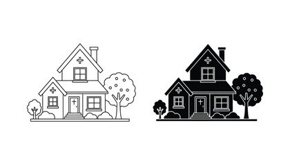Fototapeta premium House icon set with trees and medical cross symbol in outline and solid black graphic style