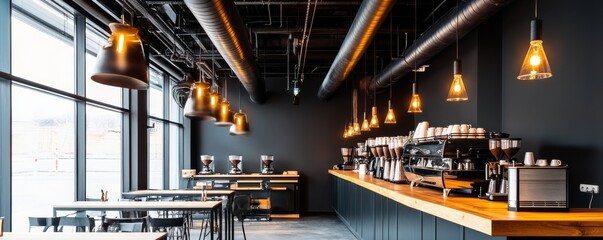 Fototapeta premium Modern industrial cafe interior, featuring dark walls, warm wood counters, sleek coffee machines and ambient pendant lighting creating an inviting urban space. ,coffee shop, interior