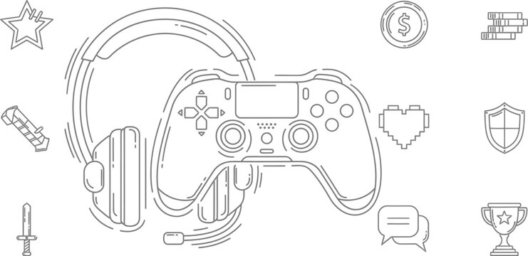 Gaming controller with headset and various gaming icons around it for online gaming success