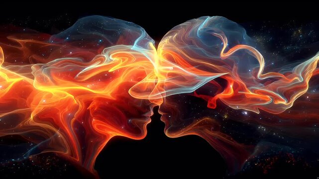 Artificial intelligence. Neuron network. A vivid digital artwork depicts two human faces intertwined amidst swirling, fiery flames. The flames are bright orange, red, and blue.