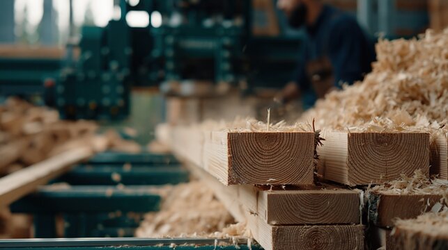 Close-up of stacked lumber at a busy sawmill with wood shavings and machinery in the background