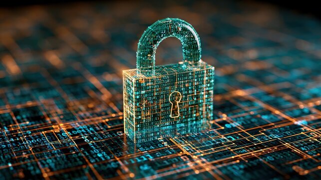 Digital padlock conceptualizing cyber security, data protection, and network privacy in a futuristic technology background