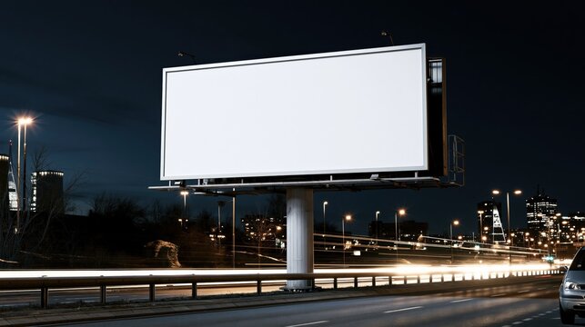 Blank large billboard at night on highway with car light trails and city lights in background