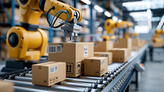 Automated Robotic Arm Packing Boxes on a Conveyor Belt in a Modern Warehouse