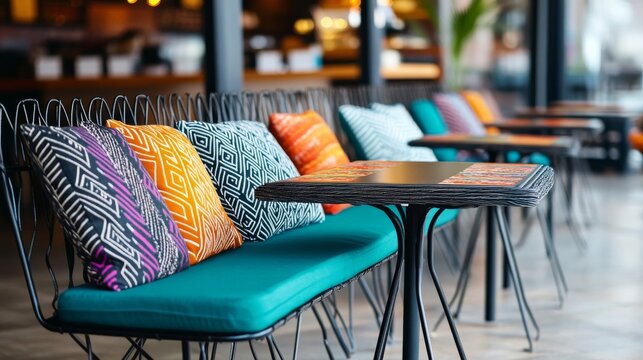 Perspective view of vibrant cafe patio colorful geometric pillows on teal benches, leading to stylish tables. Modern, inviting outdoor design,Ambiance ,Decor