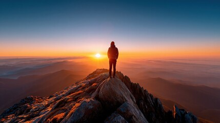 Obraz premium Silhouette of a lone adventurer standing on a mountain peak at sunrise, enjoying breathtaking panoramic views of misty valleys.