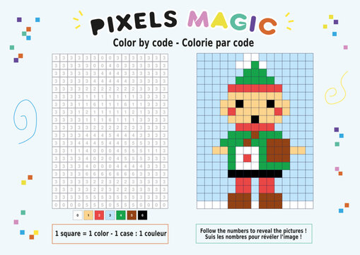 Pixel art &agrave; colorier, coloriage par num&eacute;ro, lutin de No&euml;l mignon