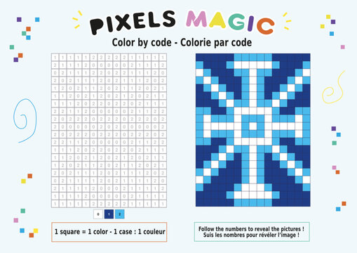 Pixel art &agrave; colorier, coloriage par num&eacute;ro, flocon de neige stylis&eacute;