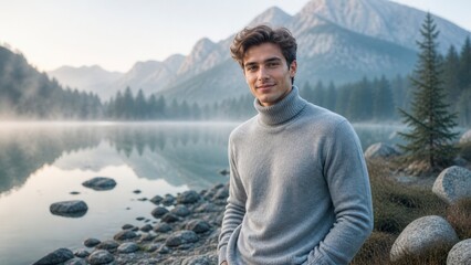 Fototapeta premium Young man in grey turtleneck sweater standing by mountain lake