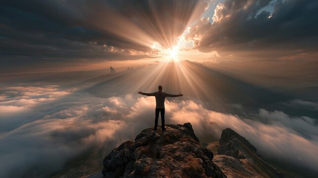 Man with outstretched arms on mountain peak basking in dramatic sun rays breaking through clouds