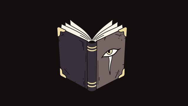 Mysterious open book with an ancient eye symbol and tear, magic spellbook on dark background, occult lore and wisdom concept art