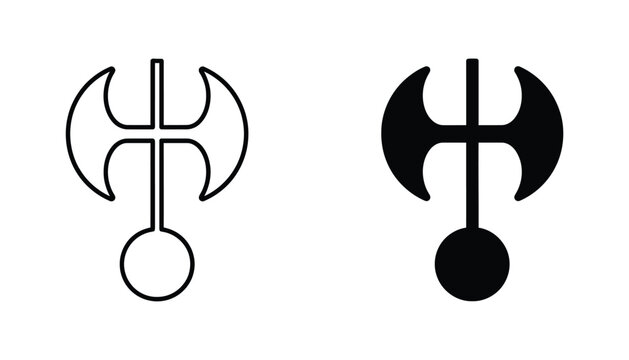 Medieval double headed battle axe line art and solid black silhouette icon set for gaming and historical design assets